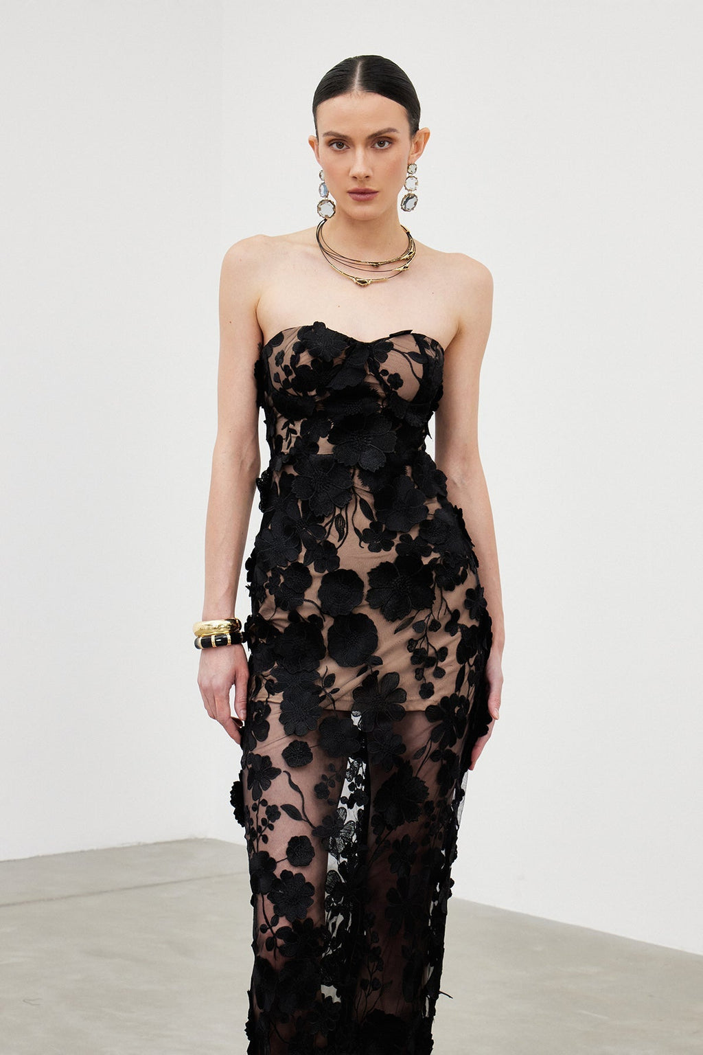 Denica Strapless Flower Maxi Dress In Black