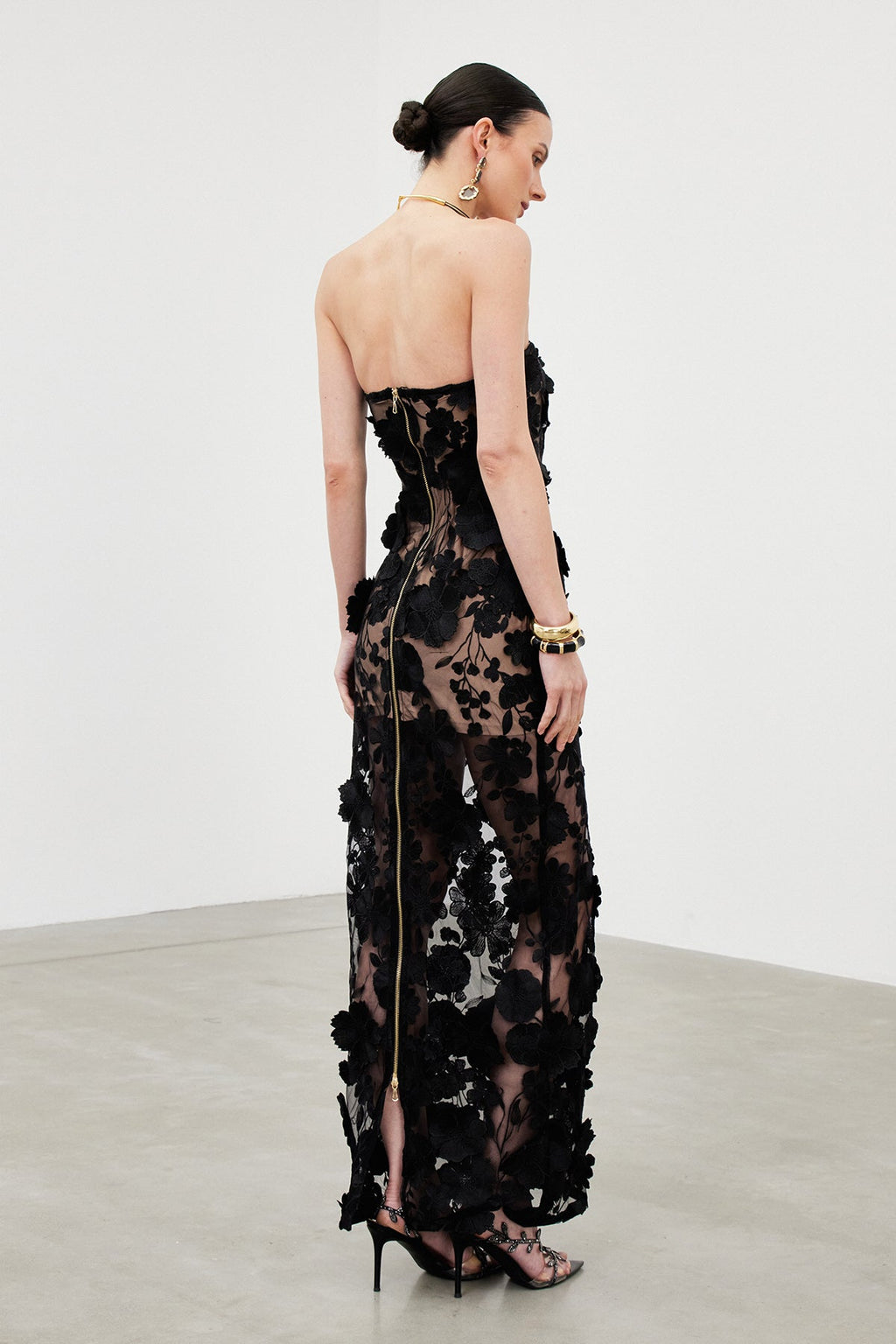 Denica Strapless Flower Maxi Dress In Black