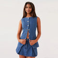 Denim Solid Button Sleeveless Office Two Piece Set
