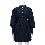 Denim Shirt Dress Niche Design Lantern Sleeve Lace up GracefulDress