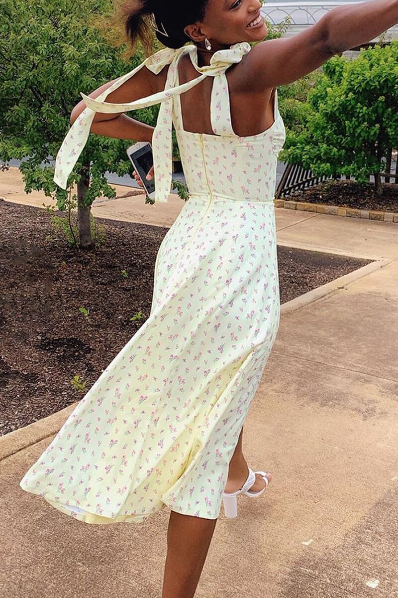 Yolaina Chic Pretty Midi Dress with Straps and Slit Silhouette Collection