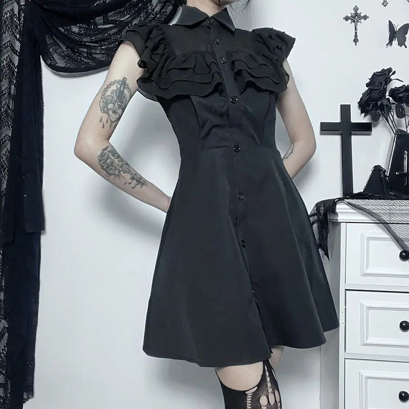 Gothic Ruffled Lower Back Mesh Yarn Hottie Aline Small Black Pleated Gothic Dress