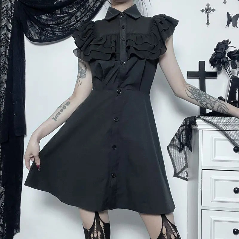 Gothic Ruffled Mesh Splicing A Line Black Dress