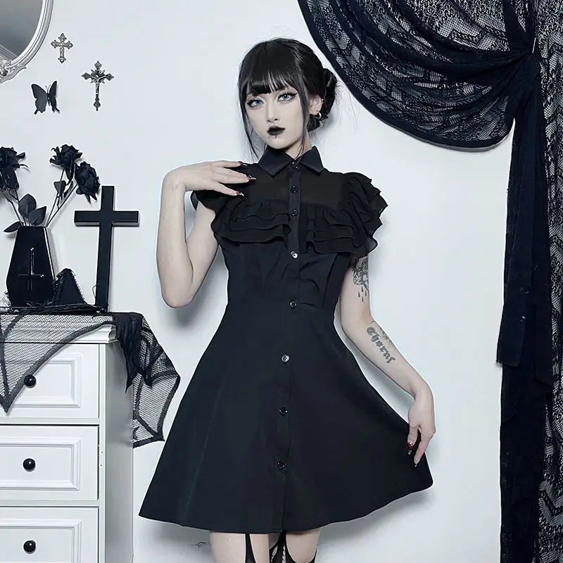 Gothic Ruffled Lower Back Mesh Yarn Hottie Aline Small Black Pleated Gothic Dress