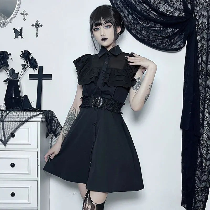 Gothic Ruffled Lower Back Mesh Yarn Hottie Aline Small Black Pleated Gothic Dress