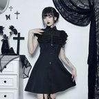 Gothic Ruffled Mesh Splicing A Line Black Dress