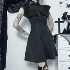 Gothic Ruffled Mesh Splicing A Line Black Dress