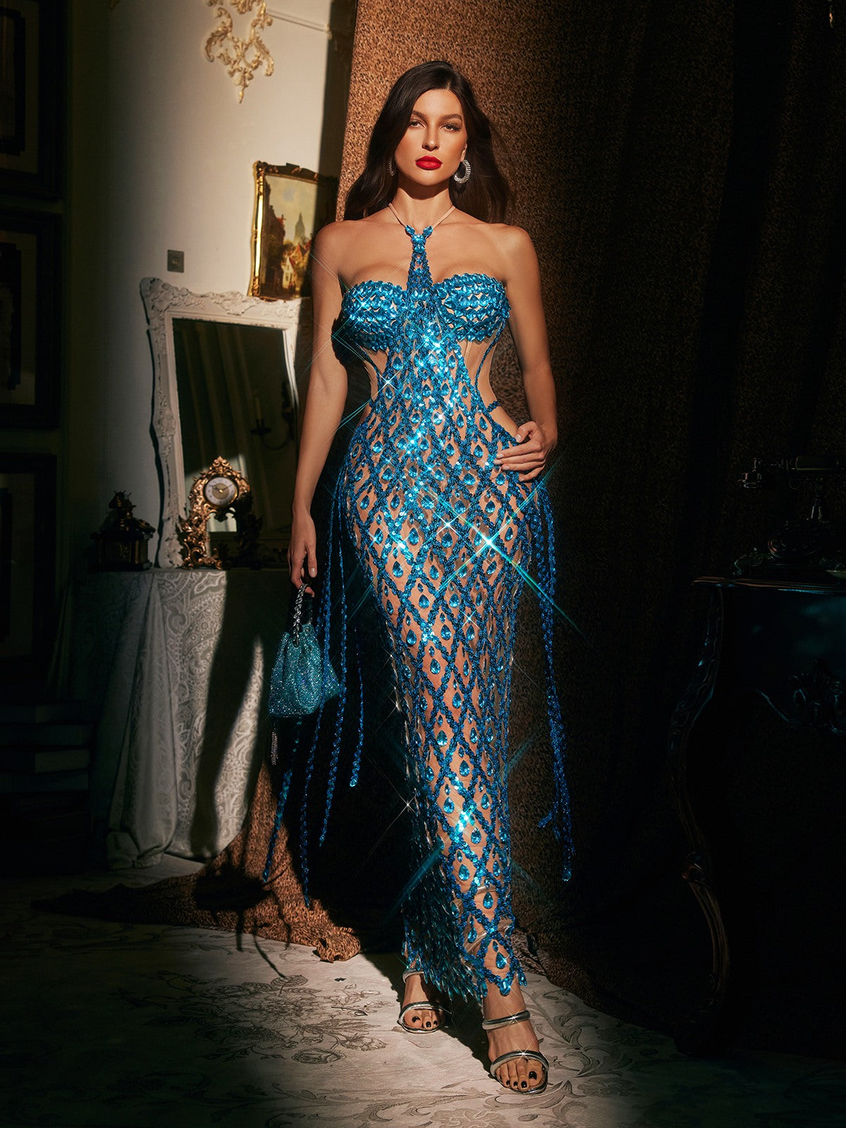 Halterneck Embellished Mesh Maxi Dress In Blue