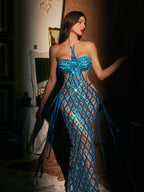 Halterneck Embellished Mesh Maxi Dress In Blue