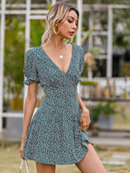 Disty Floral V Neck A Line Dress