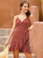 Ditsy Floral Print ruffled hem Knot Side Wrap A line Cami Dress Polka