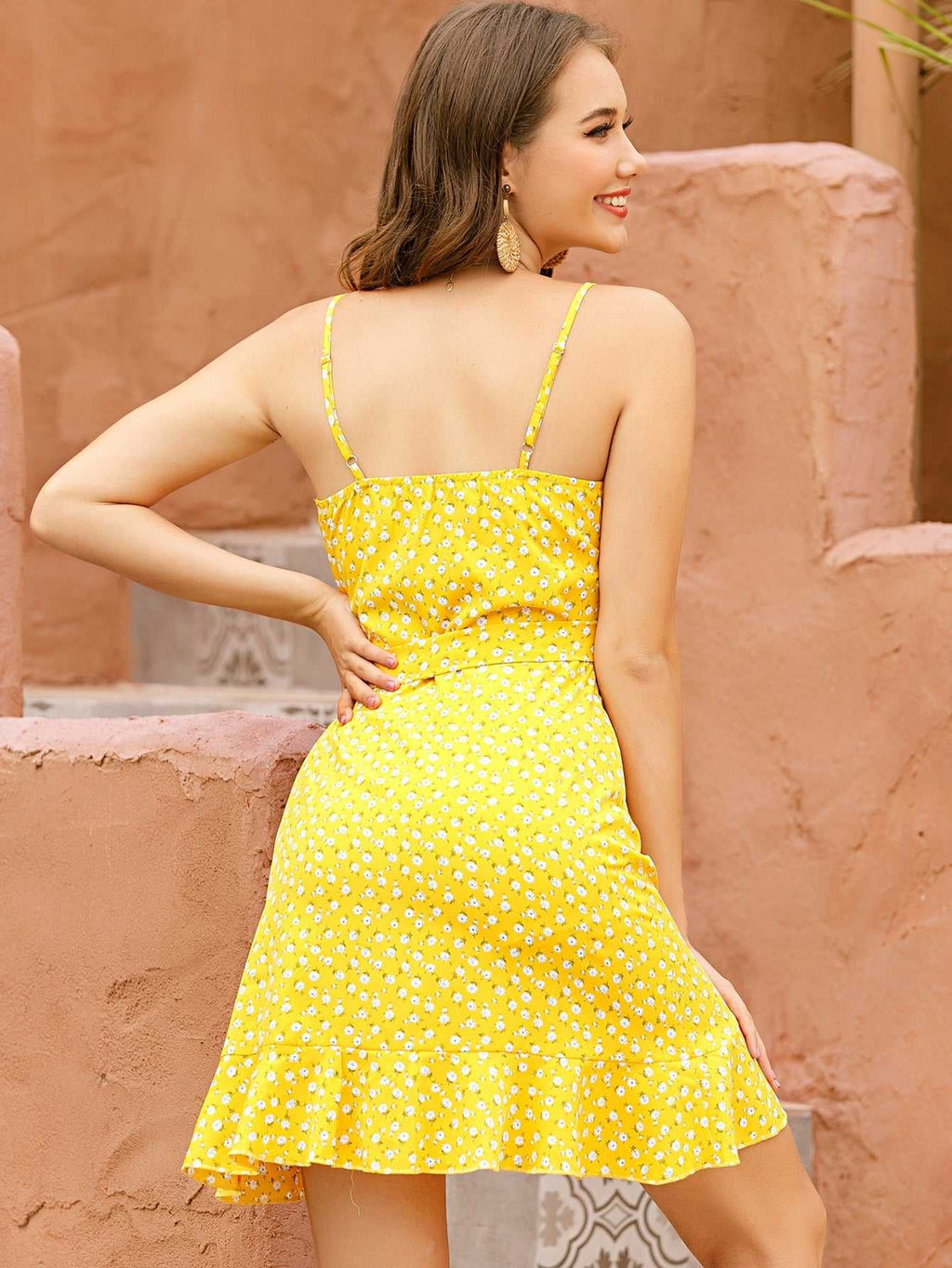 Ditsy Floral Print ruffled hem Knot Side Wrap A line Cami Dress Polka
