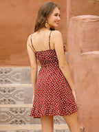 Ditsy Floral Print ruffled hem Knot Side Wrap A line Cami Dress Polka