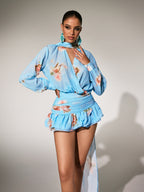 Floral Ruched Scarf Mini Dress In Sky