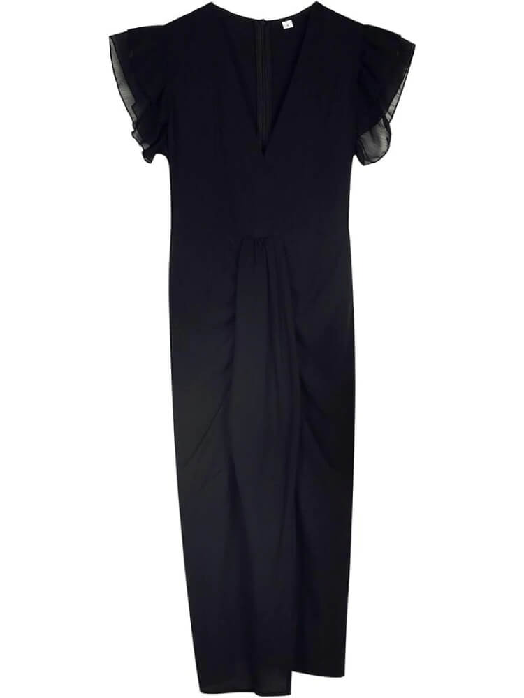 Double Ruffle Sleeveless Plunging Collar High Slit Dress