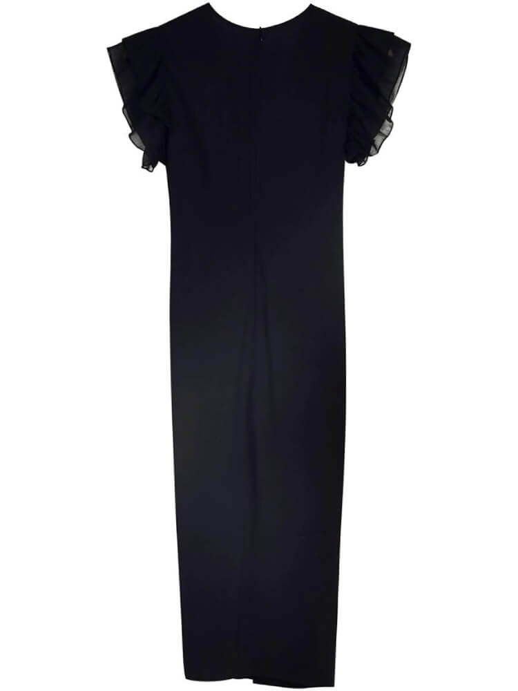 Double Ruffle Sleeveless Plunging Collar High Slit Dress