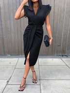 Double Ruffle Sleeveless Plunging Collar High Slit Dress