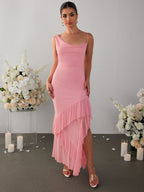 Draped Backless Asymmetrical Hem Mesh Dress