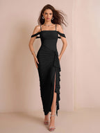 Draped Sleeve Ruched Crisscross Waist Asymmetrical Hem Mesh Dress