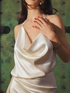 Draped Split Thigh Satin Backless Maxi Dress
