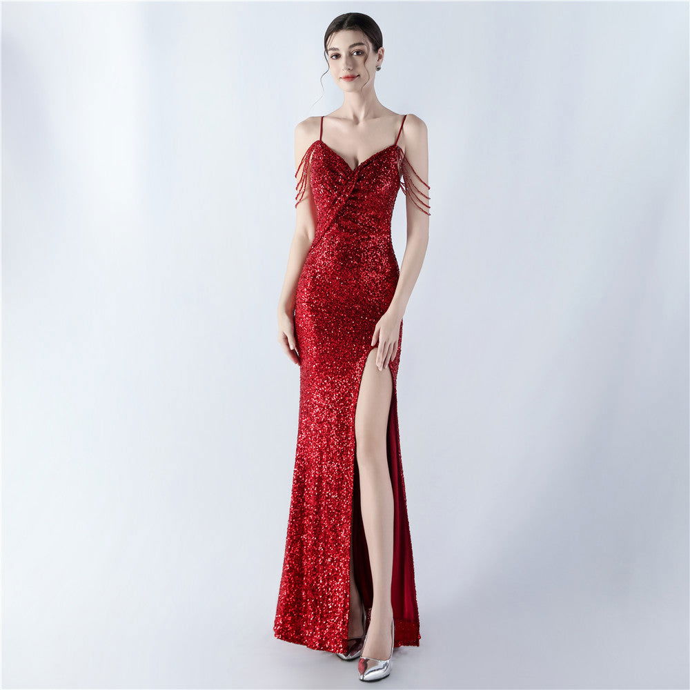 Dress Encryption Sequin Craft Beaded Sling High Fork Evening Dress