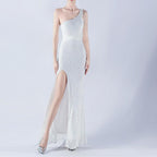 Dress Heavy Industry Beads One Shoulder Diagonal Collar High Fork Sequined Dinner Dress