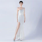 Dress Heavy Industry Beads One Shoulder Diagonal Collar High Fork Sequined Dinner Dress