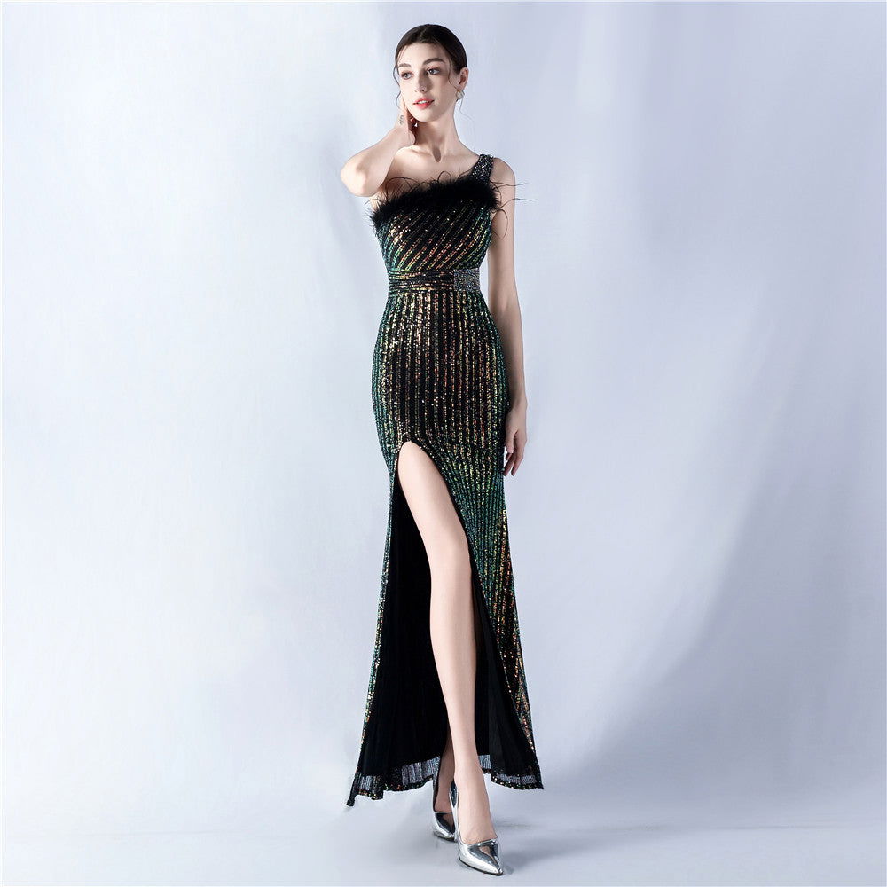 Dress Heavy Industry Beads Single Shoulder Diagonal Collar High Fork Sequined Dinner Dress