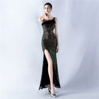 Dress Heavy Industry Beads Single Shoulder Diagonal Collar High Fork Sequined Dinner Dress