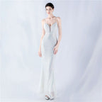 Dress Positioning Floral Sequin Craft Beaded Strap Evening Dress