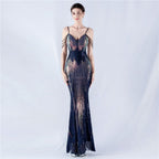 Dress Positioning Floral Sequin Craft Beaded Strap Evening Dress