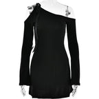 Dress Diagonal Collar off the Shoulder Stitching High Waist Long Sleeves Hip