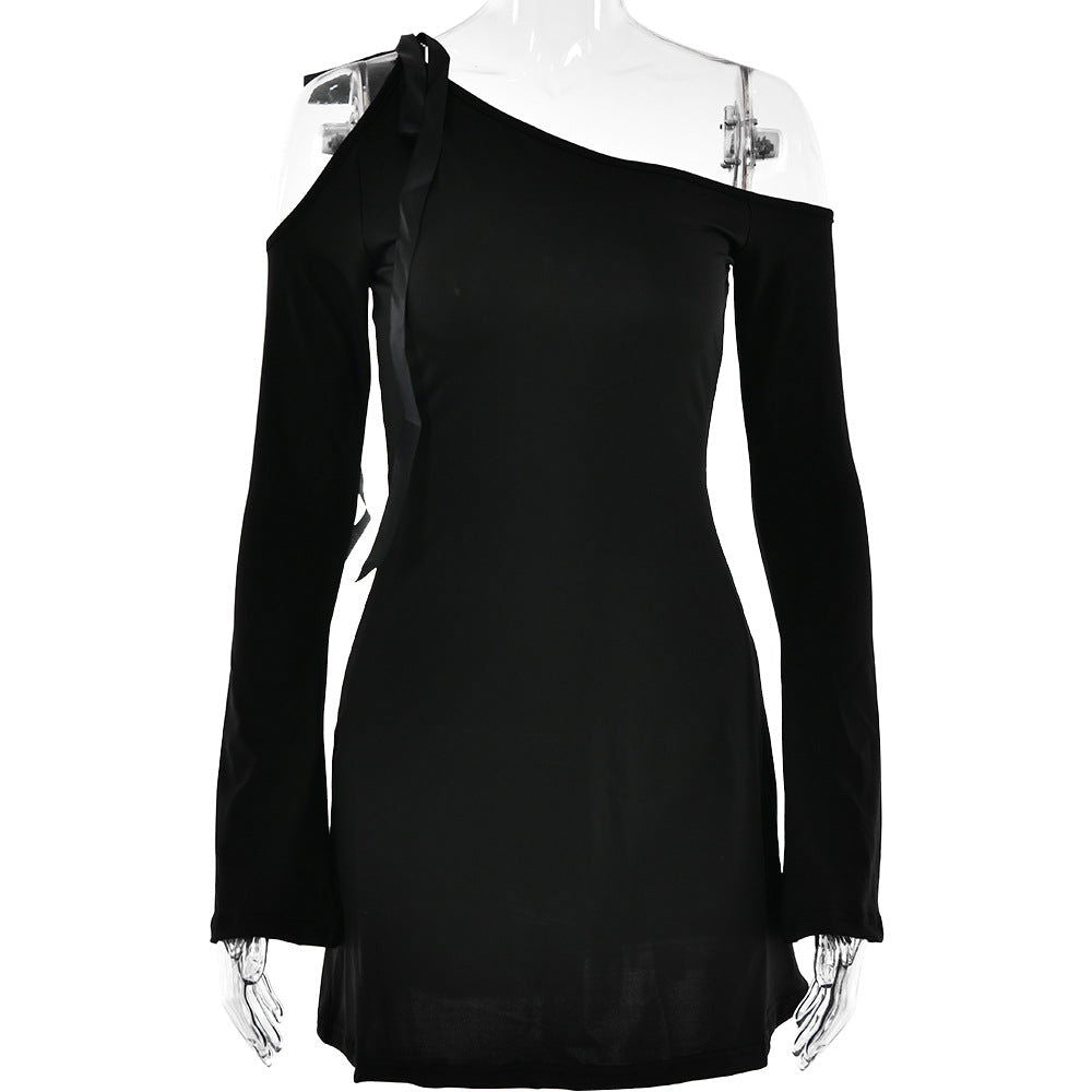 Dress Diagonal Collar off the Shoulder Stitching High Waist Long Sleeves Hip