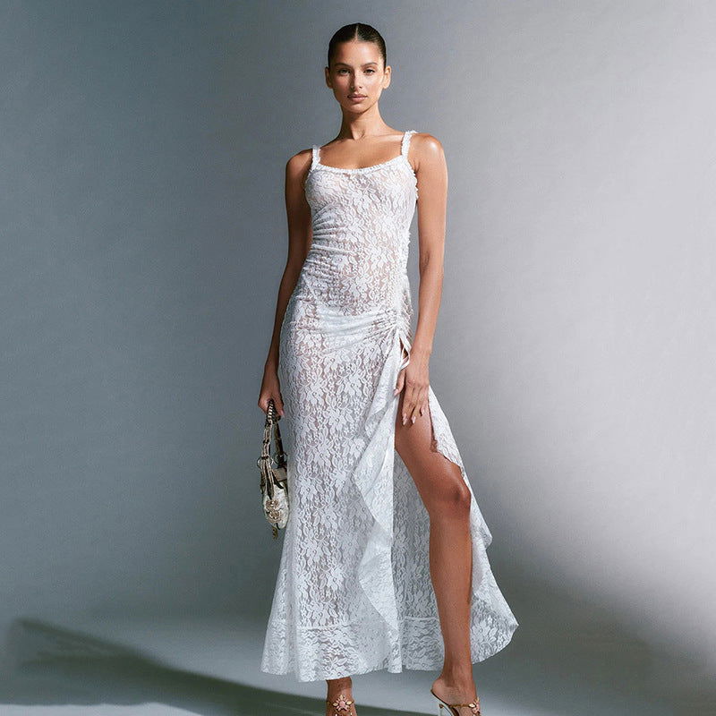 Dress Lace Strap Stitched Backless Long Sheath