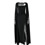 Dress Square Collar Mop Long Sleeve High Slit Solid Color Dress