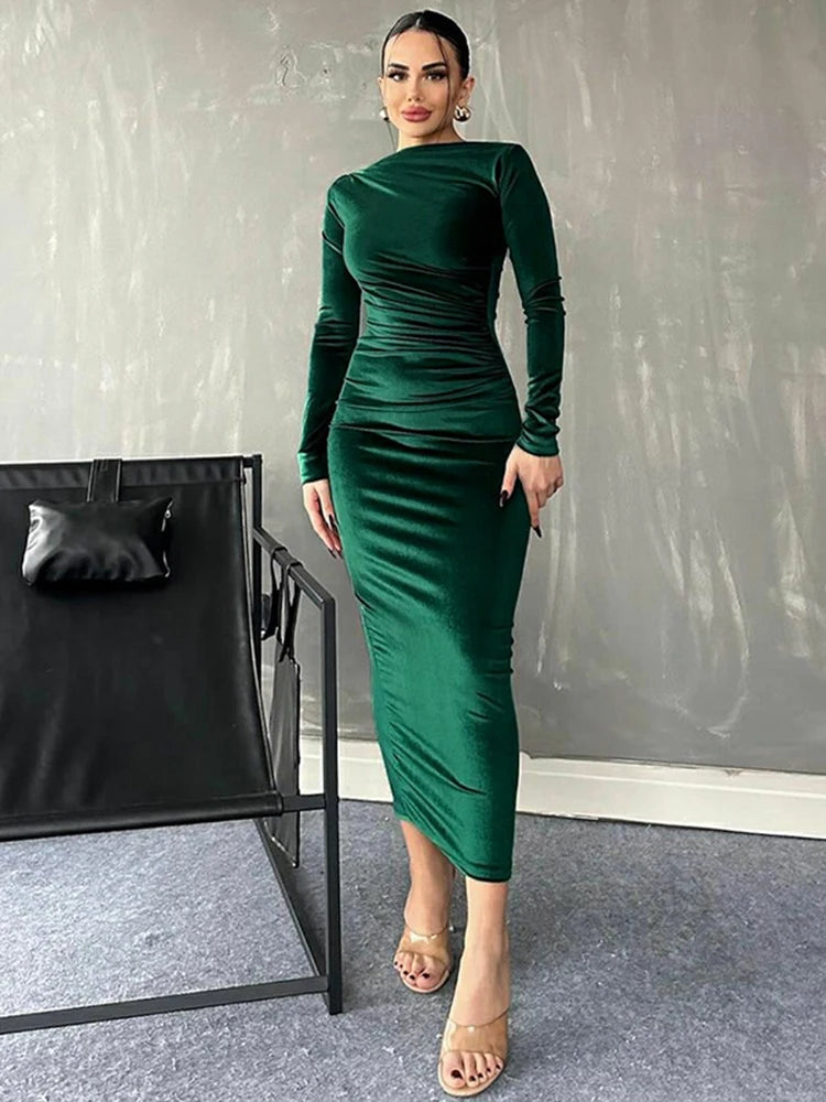 Velvet Long Sleeve Midi Dress - Elegant Party Clothes for Party