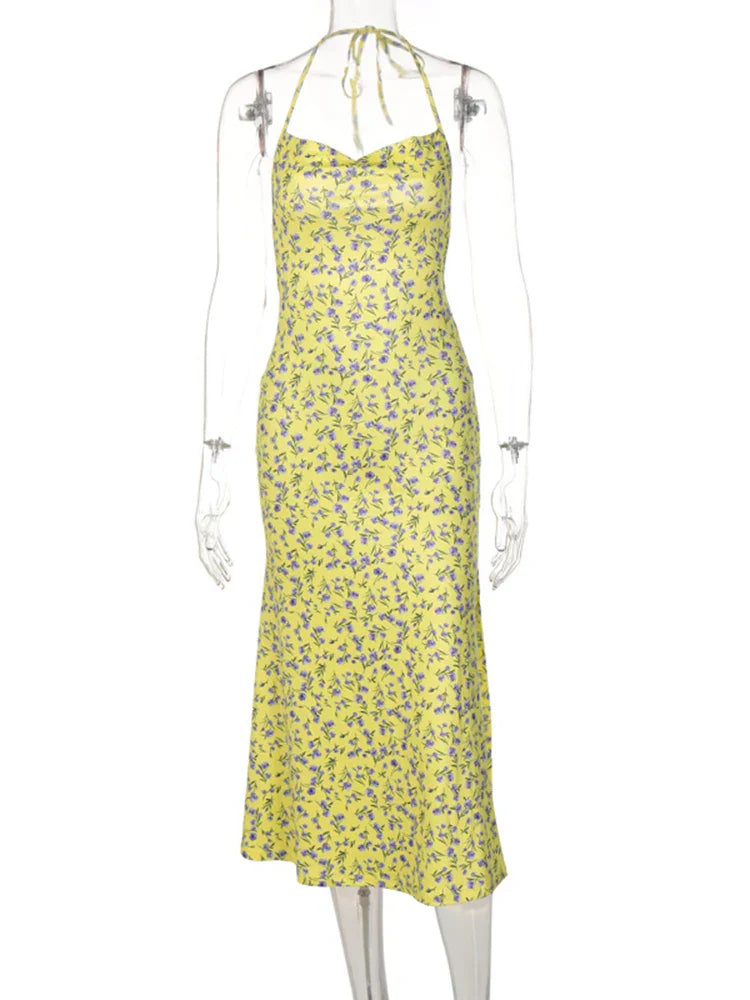 Dulzura Lace Up Halter Floral Long Bodycon Club Streetwear Sun Midi Dresses