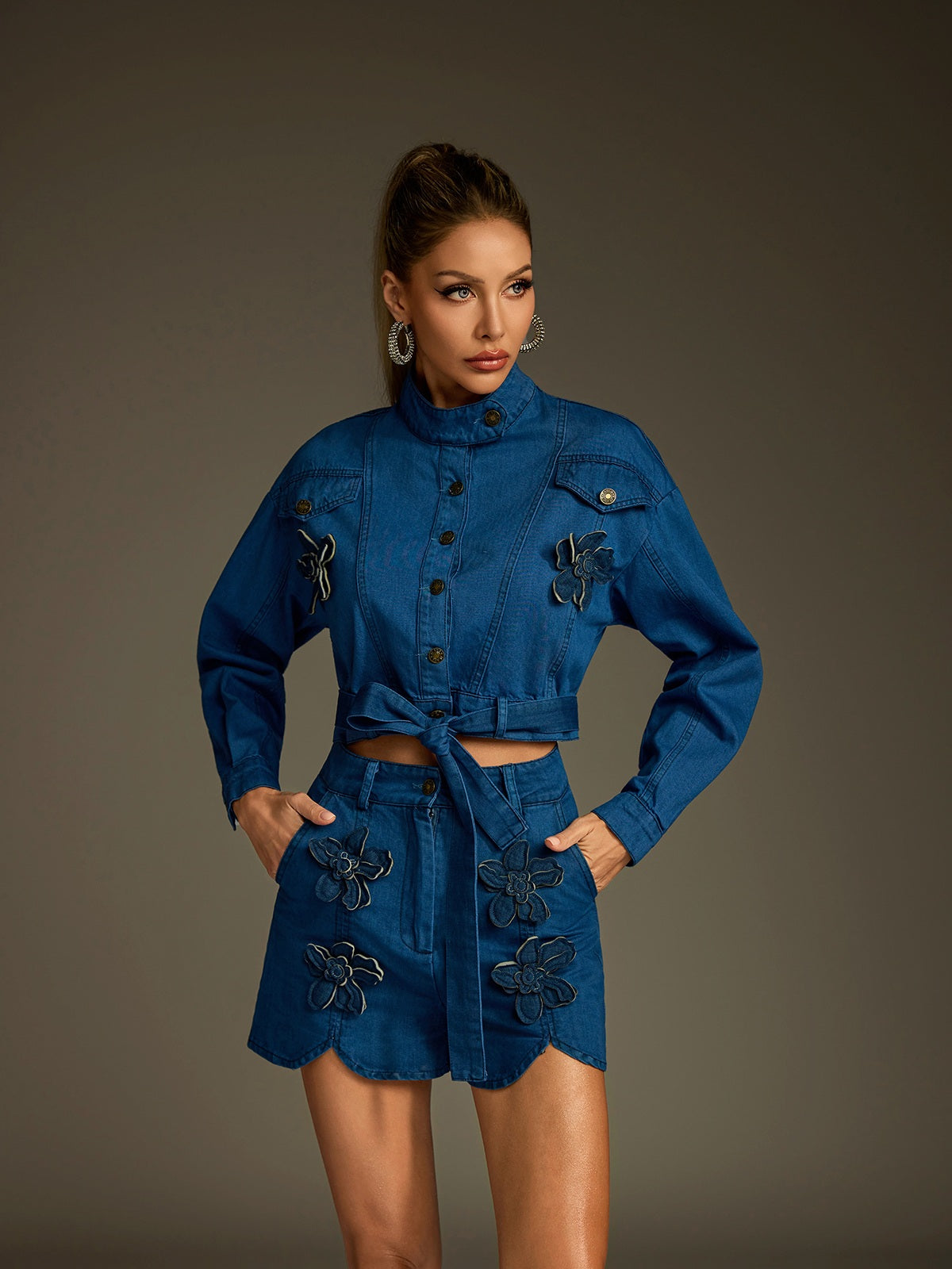 Flower Denim Shorts Set