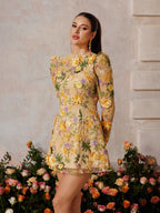 Flower Embroidered Mini Dress In Yellow