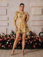 Flower Embroidered Mini Dress In Yellow