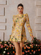 Flower Embroidered Mini Dress In Yellow
