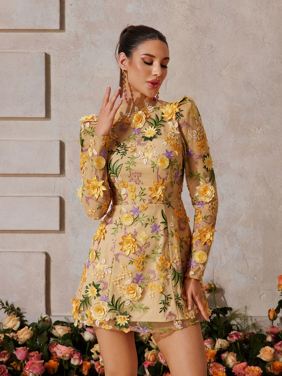 Flower Embroidered Mini Dress In Yellow