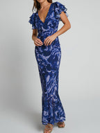 Blue Swirl V Neck Flutter Sleeve Maxi Dress