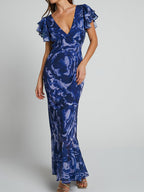Blue Swirl V Neck Flutter Sleeve Maxi Dress