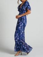 Blue Swirl V Neck Flutter Sleeve Maxi Dress