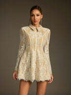 Folded Collar Sequin Lace Mini Dress