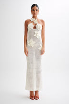 Yasmina Chic Crocheted Maxi Dress with Floral Appliqué Boutique Collection