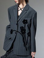 Black Striped Splice Flower New Lapel Long Loose Fit Fashion Tide Spring Blazer