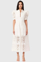 Evian White Bubble Sleeve Midi Dress