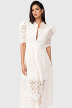 Evian White Bubble Sleeve Midi Dress